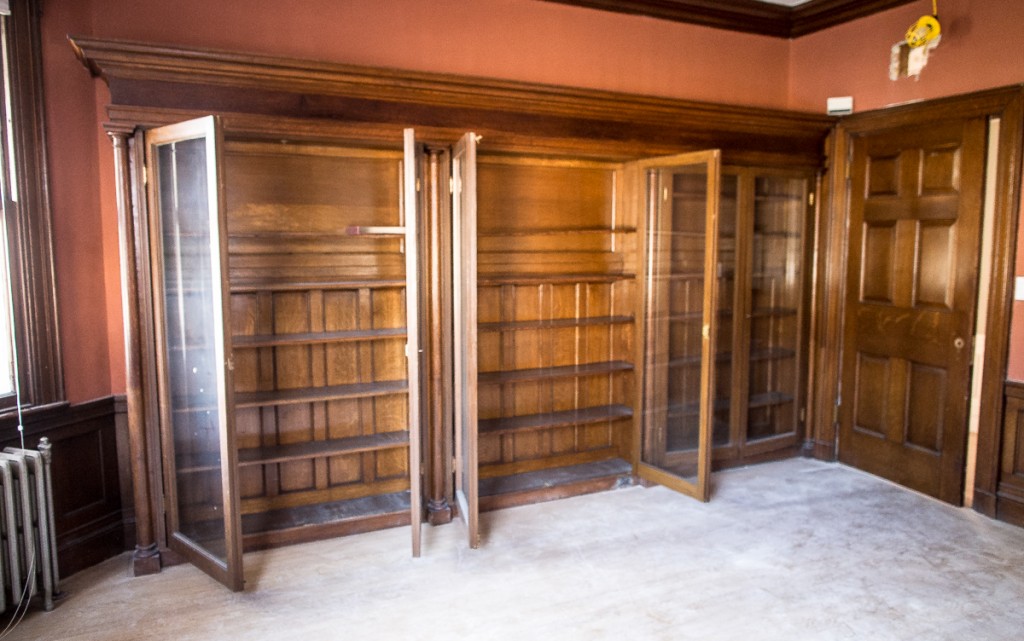 Oak library cabinets in old house