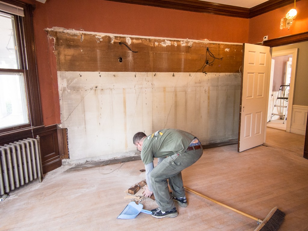 Cleanup after removing oak library cabinets from old house